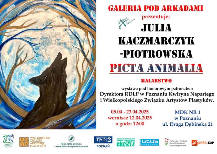Pokaż zdjęcie: Po lewej stronie namalowany wilk na tle księżyca, w lesie pozbawionym liści. Po prawej stronie informacje o wystawie „Picta Animalia” zawarte w treści publikacji. Na dole logotypy partnerów wydarzenia.