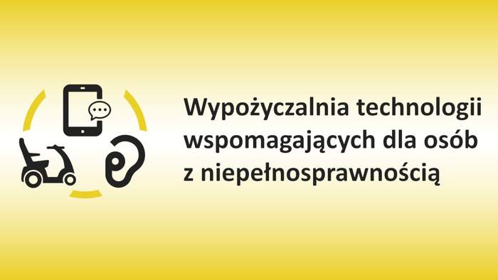 Pokaż zdjęcie: Grafika w kolorze żółtym z czarnymi napisami dotyczącymi Wypożyczalni oraz logo Wypożyczalni