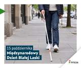 Po chodniku porusza sie człowiek za pomocą białej laski. Widać jedynie jego nogi. Poniżej zamieszczony jest tekst: 15 października - Międzynarodowy Dzień Białej Laski. W prawym dolnym rogu znajduje się logo PFRON. 