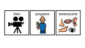 Logo kina sensorycznego - symbol kina - kamera, symbol "przyjznego"- uśmiechniety człowiek z kwiatkiem i symbole slowa "sensoryczne" - ucho, oko, usta, nos i dłoń (jako symbole zmysłów)