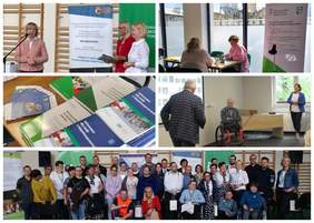 Pokaż zdjęcie: Kolaż zdjęć przedstawiający miejsca, które w Małopolsce odwiedzili przedstawiciele PFRON podczas wrześniowych wydarzeń z ZUS. Na zdjęciach widoczne są stoiska PFRON, materiały informacyjne oraz osoby z różnymi niepełnosprawnościami