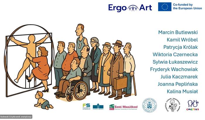 Pokaż zdjęcie: Plakat projektu Ergo Art z rysunkiem grupy ludzi, wśród których są osoby w różnym wieku, w tym osoby starsze, kobieta z dzieckiem, osoba na wózku oraz dziecko raczkujące. Po lewej stronie znajduje się rysunek postaci wpisanej w okrąg i kwadrat. Po prawej stronie widnieje logo projektu "Ergo Art" i „Unii Europejskiej”.  