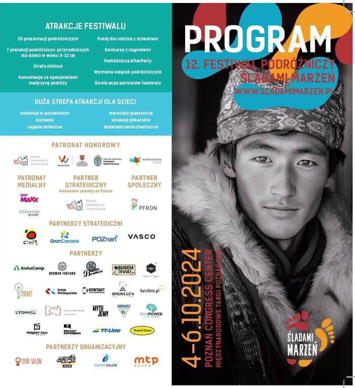 Pokaż zdjęcie: Po lewej stronie widnieją atrakcje festiwalu oraz informacje dotyczące partnerów festiwalu i patronatu honorowego. Z kolei po prawej stronie widoczne jest zdjęcie mężczyzny w czapce i futrzanym płaszczu, logo festiwalu oraz jego termin i lokalizacja.