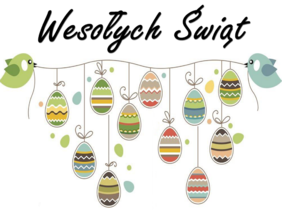 Pokaż zdjęcie: na górze napis Wesołych Świąt Po prawej i lewej stronie ptaszki trzymają sznurek na którym są zawieszone kolorowe jajeczka 