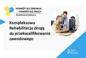 Pokaż zdjęcie: Plansza promująca projekt. Na planszy dwa hasła: Powrót do zdrowia-powrót do pracy. Rehabilitacja kompleksowa. drugie hasło: Kompleksowa rehabilitacja drogą do przekwalifikowania zawodowego. po prawej stronie w kole zdjęcie mężczyzn przy komputer