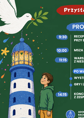 Pokaż zdjęcie: Plakat wydarzenia „Przystań dla Osób z Niepełnosprawnościami” w Pelplinie. Widoczne są ilustracje dziewczynki na wózku, chłopca z protezą nogi, latarni morskiej i białego gołębia oraz program spotkania i kod QR do zapisów.