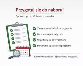 Grafika wypełniona treścią o przygotowaniu się do naboru wniosków