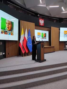 Pokaż zdjęcie: Na tle prezentacji wyświetlanej na ekranie przedstawiciel organizacji pozarządowej wygłasza prelekcję