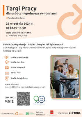 Pokaż zdjęcie: Grafika jest plakatem dotyczącym organizowanego wydarzenia. Zamieszczone są na niej informacje o Targach Pracy dla Osób z Niepełnosprawnościami. 