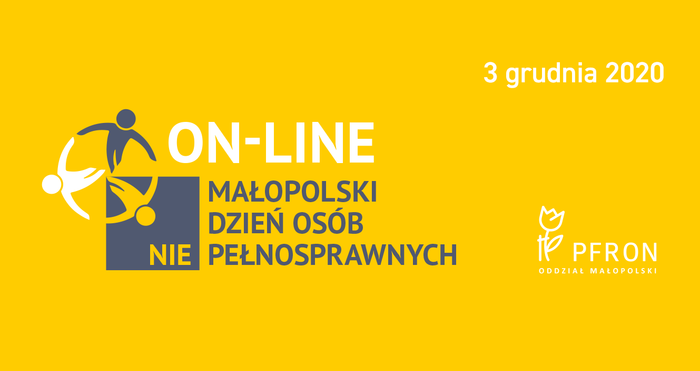 Pokaż zdjęcie: Logotyp Małopolskiego Dnia Osób Niepełnosprawnych. Opisujemy: żółte tło, napisy oraz rysunki białe i granatowe. Na środku duży napis  On-line Małopolski Dzień Osób Niepełnosprawnych, z lewej strony trzy osoby trzymają się za ręce tworząc