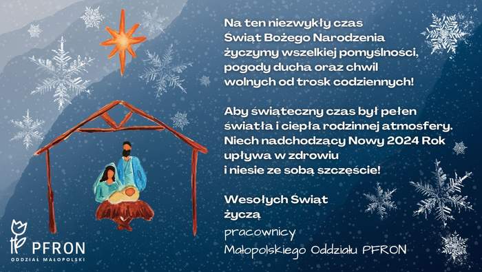 Pokaż zdjęcie: Kartka świąteczna jest koloru niebiesko - granatowego. Z lewej strony znajduje się rysunek drewnianej szopki, w której nad nowonarodzonym Dzieciątkiem Jezus pochylają się Maria oraz Józef. Nad szopką jest duża pomarańczowa gwiazda betlejemska. 