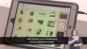 Na ekranie tabletu widoczne są obrazki - przykład sprzętu wspomagającego dla osób nieiwdomych i niedowidzacych, w prawym dolnym roku tłumacz języka migowego, w górnym prawym rogu logo TVP3 i pod nim napis "Solidarni z Ukrainą"