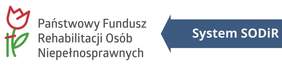 Pokaż zdjęcie: Grafika z logo Funduszu oraz napisem: ,,Państwowy Fundusz Rehabilitacji Osób Niepełnosprawnych’’. Po prawej stronie niebieska strzałka na niej: ,,System SODIR’’.