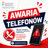Grafika informacyjna Kujawsko-Pomorskiego Oddziału PFRON z dużym, widocznym napisem „AWARIA TELEFONÓW”. Na białym tle umieszczono smartfon z czerwonym trójkątem ostrzegawczym oraz przekreśloną ikonę słuchawki telefonicznej.  Tekst na grafice informuje: „Obecnie występują problemy z łącznością telefoniczną. Pracujemy nad jak najszybszym przywróceniem połączeń. O wszelkich zmianach będziemy informować.” W lewym górnym rogu znajduje się logo Państwowego Funduszu Rehabilitacji Osób Niepełnosprawnych.