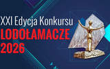 Granatowy plakat promujący XXI edycję konkursu „Lodołamacze 2026”. Po lewej stronie znajduje się duży napis „XXI Edycja Konkursu Lodołamacze 2026” w jasnych i czerwonych kolorach. Pośrodku widoczna jest statuetka przedstawiająca postać z rozłożonymi ramionami na tle kryształowej formy. Tło zawiera turkusowe elementy i linie. Na dole znajdują się logotypy organizatorów i partnerów, w tym FAZON oraz Państwowego Funduszu Rehabilitacji Osób Niepełnosprawnych, wraz z informacją o dofinansowaniu projektu.