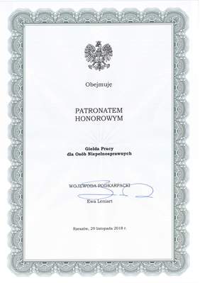 Patronat Honowrowy Wojewody Podkarpackiego nad Giełdą Pracy dla Osób Niepełnosprawnych  (dokument)