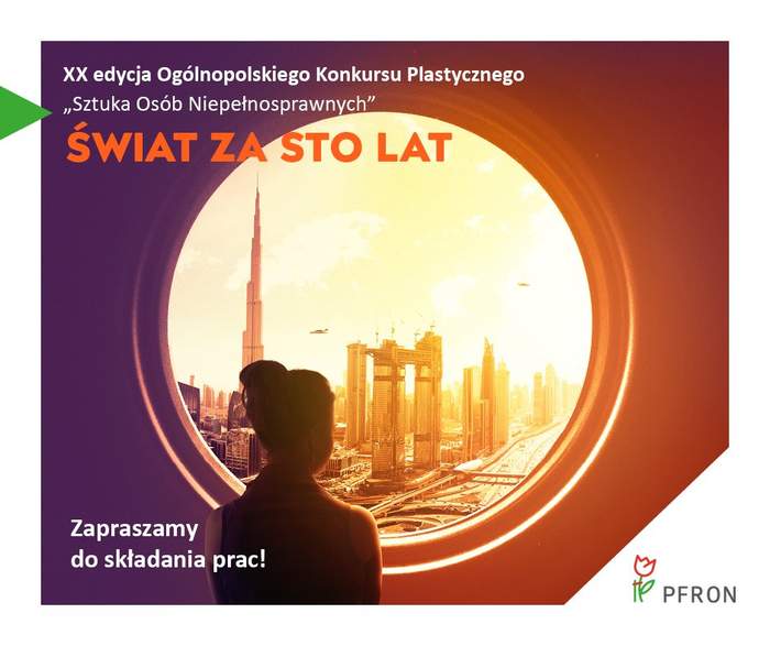 Pokaż zdjęcie: Grafika promująca konkurs "Sztuka Osób Niepełnosprawnych" 2022 w kolorze fioletowym, w tle słońce z widokiem na miasto, któremu przygląda się człowiek