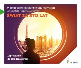 Pokaż zdjęcie: Grafika promująca konkurs "Sztuka Osób Niepełnosprawnych" 2022 w kolorze fioletowym, w tle słońce z widokiem na miasto, któremu przygląda się człowiek