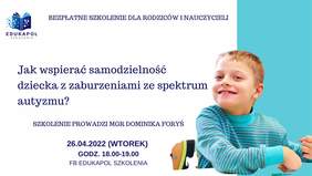 Pokaż zdjęcie: Po prawej stronie, na błękitnym tle widnieje zdjęcie uśmiechniętego chłopca ubranego w niebieską bluzkę w szare paski, który siedzi na krześle. Na górze umieszczony został logotyp organizatora szkolenia oraz następujące sformułowanie: „Bezpłatne szkolenie dla rodziców i nauczycieli”. Poniżej zamieszczone zostały pozostałe informacje na temat szkolenia, które można znaleźć w treści niniejszej publikacji.