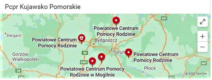 wycinek mapy województwa kujawsko-pomorskiego z zaznaczonymi kilkoma siedzibami PCPR-ów