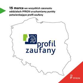 Mapa Polski z logo profilu zaufanego i informacji o tym, że PFRON potwierdza profil zaufany