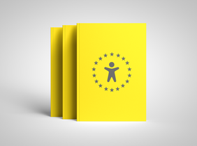 Pokaż zdjęcie: Na jasnoszarym tle znajdują się trzy egzemplarze żółtych poradników. Na okładce zamieszczona jest ikona człowieka, który umieszczony jest w środku koła zrobionego z gwiazd. 