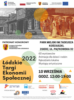 Pokaż zdjęcie: plakat na którym zamieszczono napisy o miejscu targów sponsorach z ich logo oraz patronacie honorowym, po prawej stronie zamieszczono zdjęcie na którym widać stoiska i przechodzących ludzi a po lewej budynek w kształcie dworku