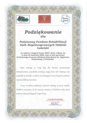 Pokaż zdjęcie: Podziękowanie za udział w Targach Pracy 2024, które odbyły się w dniu 25 kwietnia 2024 r. w hali sportowej Powiatowego Centrum Edukacji Zawodowej w Świdniku.