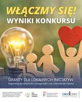 Zdjęcie jest infografiką. Po lewej stronie znajduje się żarówka, po prawej stronie trzy ludziki z drewna, w tym jeden na wózku inwalidzkim. Na górze znajduje się tekst: Włączmy się! Wyniki konkursu. Na dole są zamieszczone różne loga. 