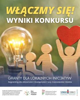 Zdjęcie jest infografiką. Po lewej stronie znajduje się żarówka, po prawej stronie trzy ludziki z drewna, w tym jeden na wózku inwalidzkim. Na górze znajduje się tekst: Włączmy się! Wyniki konkursu. Na dole są zamieszczone różne loga. 