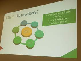 Slajd Diagram z napisem: Co powstanie? W centralnym punkcie: System iPFRON+. Kolejne m.in: Portal informacyjno-promocyjny, webinaria, szkolenia, inforlinia...