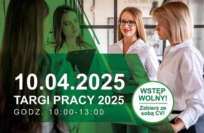 Pokaż zdjęcie: 10 kwietnia 2025 r. Targi Pracy grafika na zielonym tle, rozmawiają cztery kobiety.