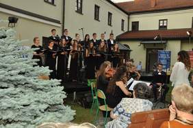 Pokaż zdjęcie: Artyści oraz publiczność podczas koncertu w wirydarzu