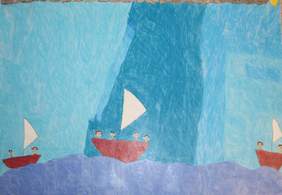 Pokaż zdjęcie: Narysowane białe żaglówki na tle błękitnego morza