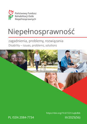Okładka kwartalnika. Na górze tytuł: "Niepełnosprawność. Zagadnienia, Problemy, Rozwiązania." Poniżej tłumaczenie w języku angielskim oraz barwny kolaż fotograficzny. Prezentuje osoby z niepełnosprawnościami. Kompozycja zamknięta od dołu dwoma dużymi trójkątami, zielonym i czerwonym. Widnieją na nich uzupełniające teksty z numerem wydania i adresem strony internetowej. W lewym górnym rogu, na białym tle, logo PFRON.