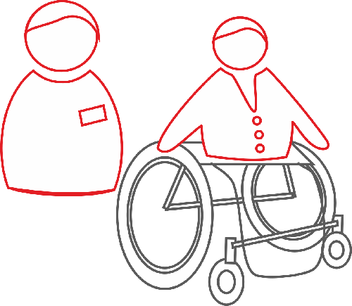 Osoba na wózku inwalidzkim Obok niego stoi osoba z przyczepioną plakietką. 