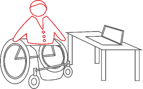 Osoba na wózku inwalidzkim. Przed nią jest stolik, na którym leży laptop. 