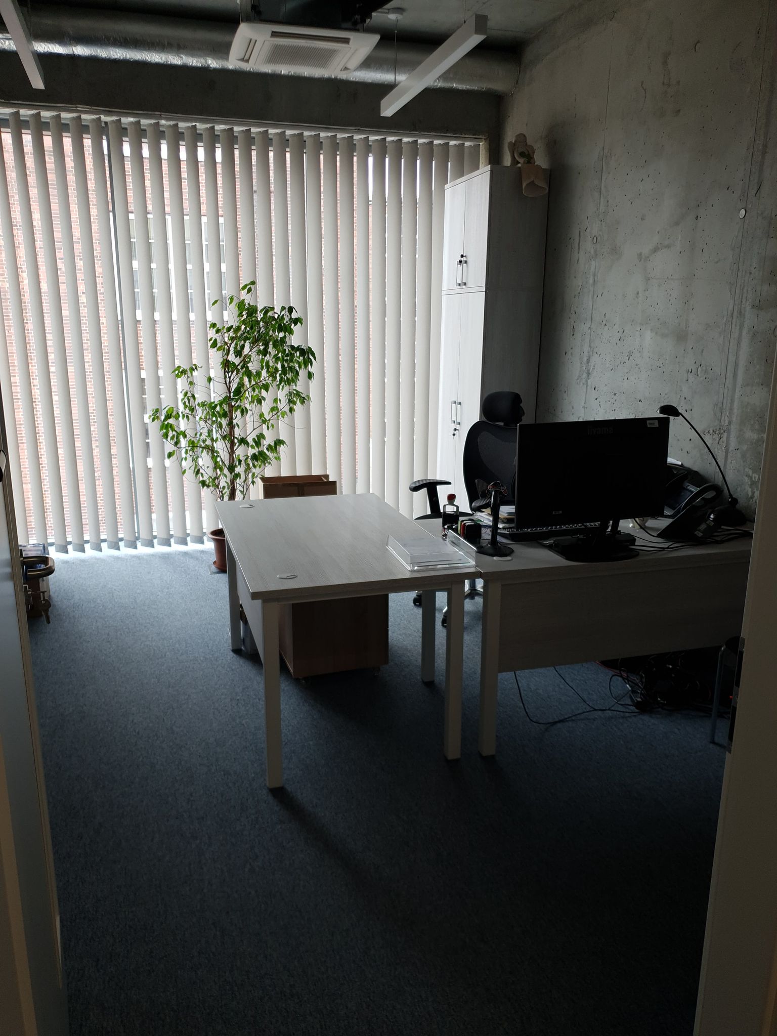 Widok wnętrza pokoju biurowego. Widoczne biurko z komputerem, po prawej stronie ściana koloru szarego. W tle widzimy okno zasłonięte pionowymi żaluzjami. Przy oknie szafa na dokumenty, a przed oknem, na podłodze, duża roślina w donicy 