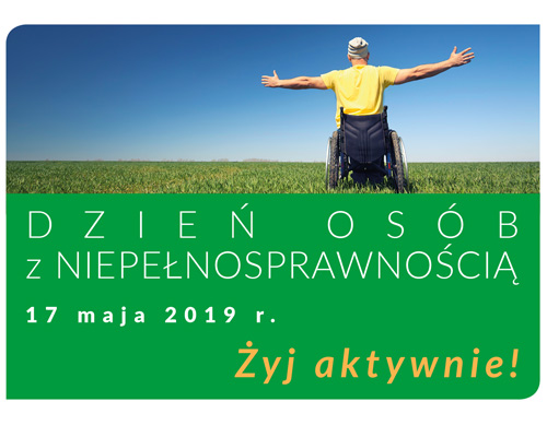 Pokaż zdjęcie: baner - osoba na wózku inwalidzkim napis: Dzień osób niepełnosprawnych, 17 maja 2019, Żyj aktywnie!