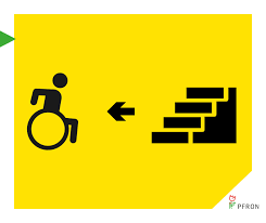 grafika przedstawia osobę na wózku inwalidzkim a przed nim wysokie schody