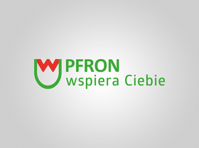 Logotyp z napisem PFRON wspiera Ciebie, po lewej stronie napisu czerwone w wpisane w zielone u