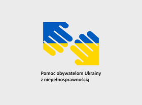 Logotyp przedstawiający skierowane do siebie dwie dłonie w barwach niebiesko-żółtych, symbolizujacych flagę Ukrainy, pod spodem napis  "Pomoc obywatelom Ukrainy z niepelnosprawnoscia"